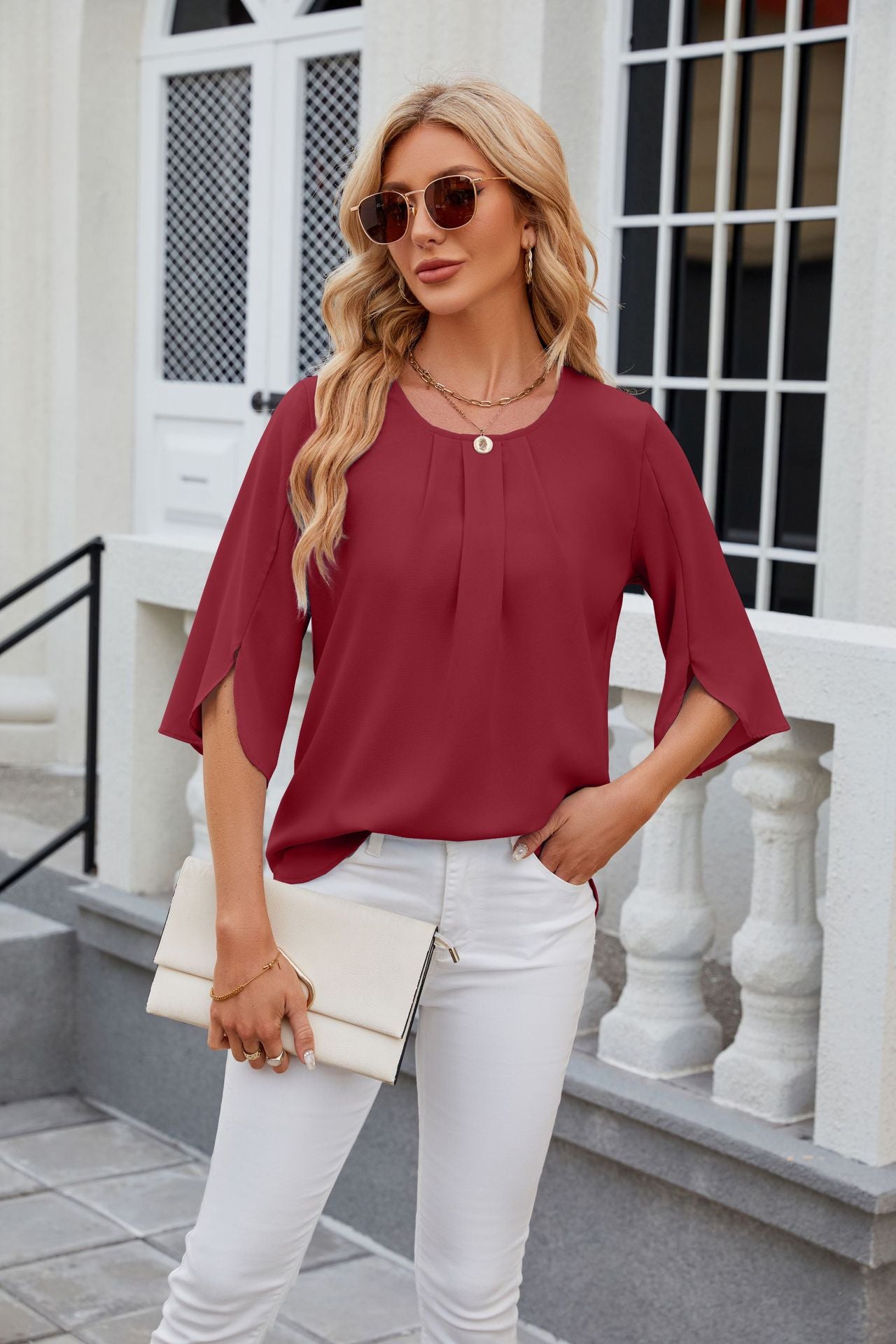 Women's Color Round Neck Half Sleeve Loose Blouses