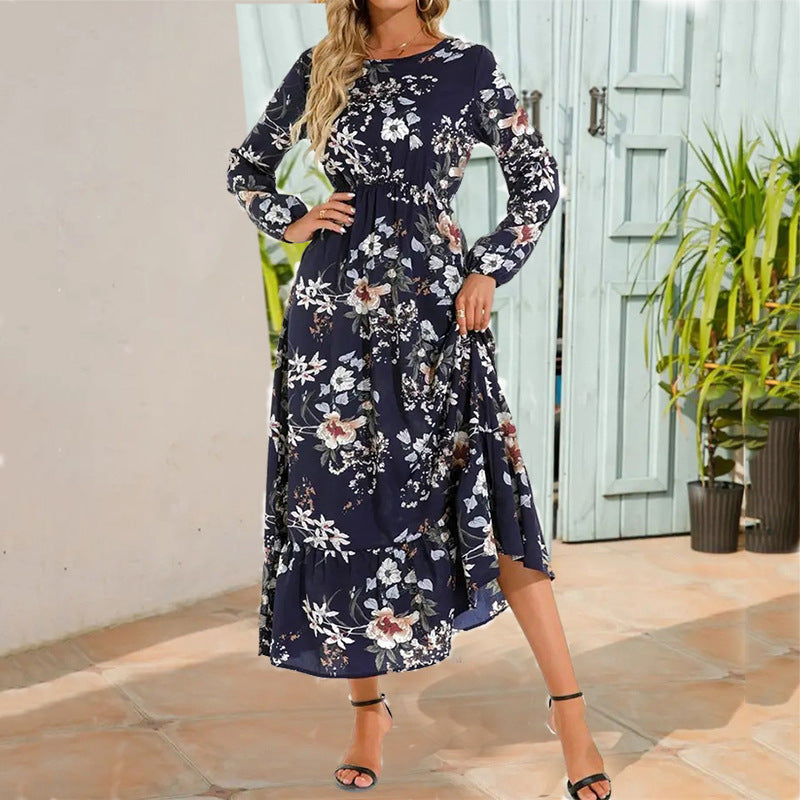 Women's Sleeve Dress Elegant Printed Round Neck Dresses