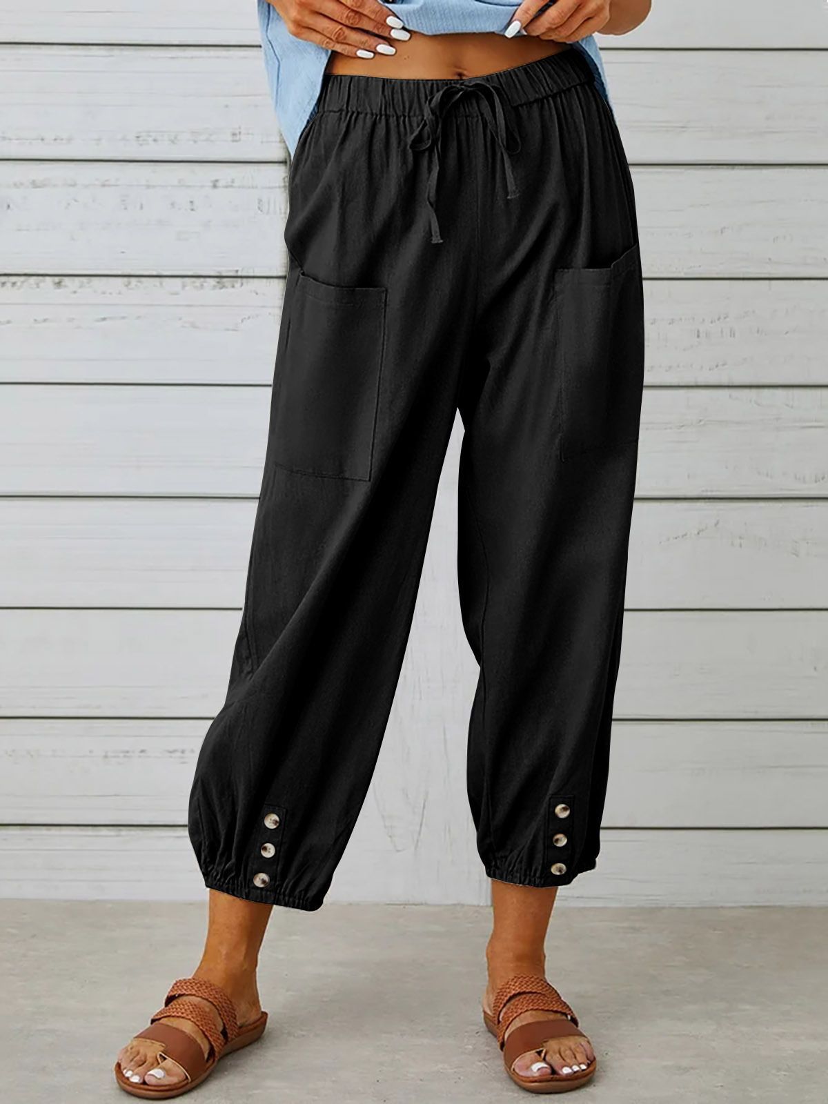 Women's Loose High Waist Button Cotton And Linen Trousers Pants