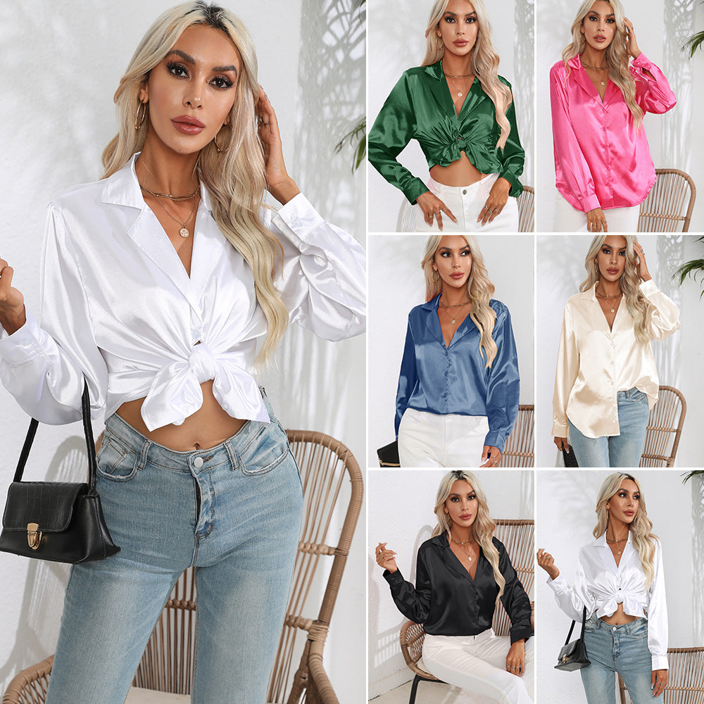 Women's Unique Collar Satin Shirt Long-sleeved Blouses