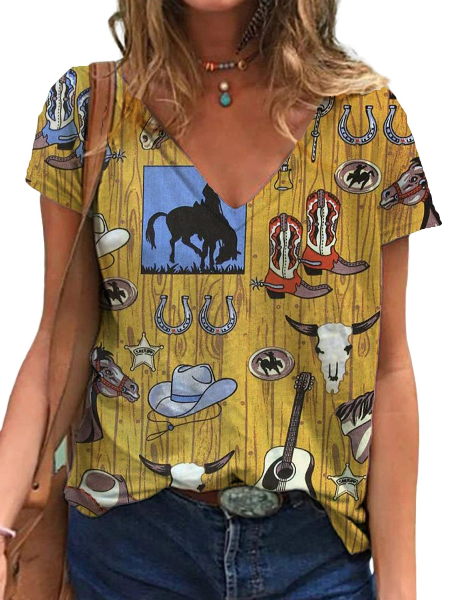 Women's Retro Western Denim Printing Short-sleeved T-shirt Blouses