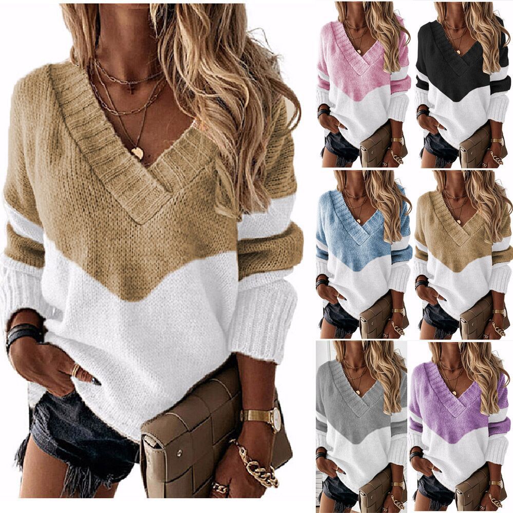 Women's Pullover V-neck Loose Color Matching Contrast Sweaters