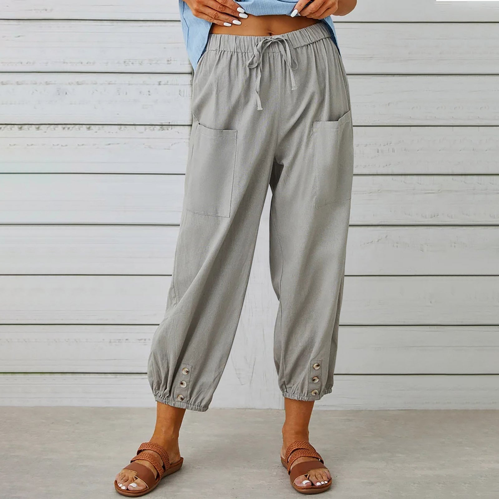 Women's Loose High Waist Button Cotton And Linen Trousers Cropped Pants