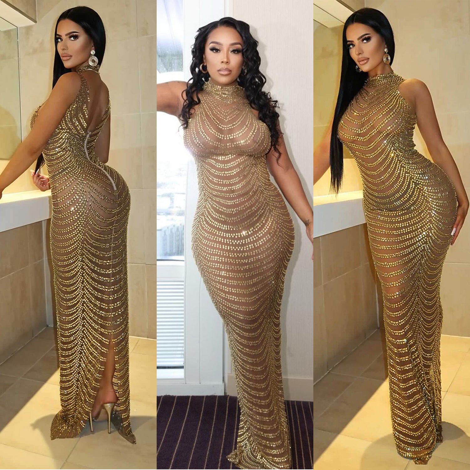 Women's Summer Sexy Mesh Nightclub Rhinestone Dress Dresses