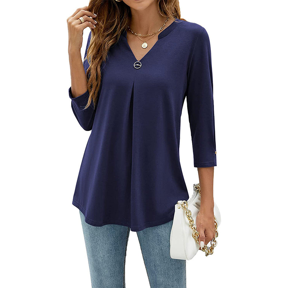 Women's Sleeve Solid Color Clinch Pleated T-shirt Tops