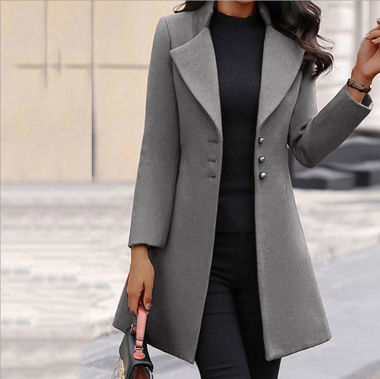 Women's Mid-length Lapel Slimming Solid Color Woolen Coats