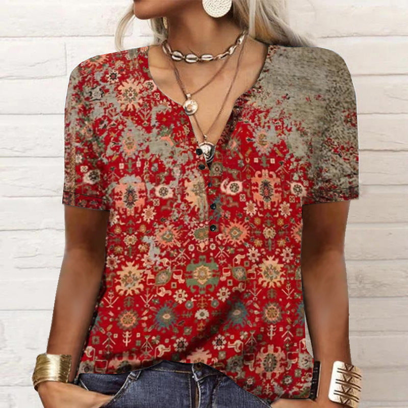 Women's Short-sleeved Printed Ethnic Fashion T-shirt Blouses