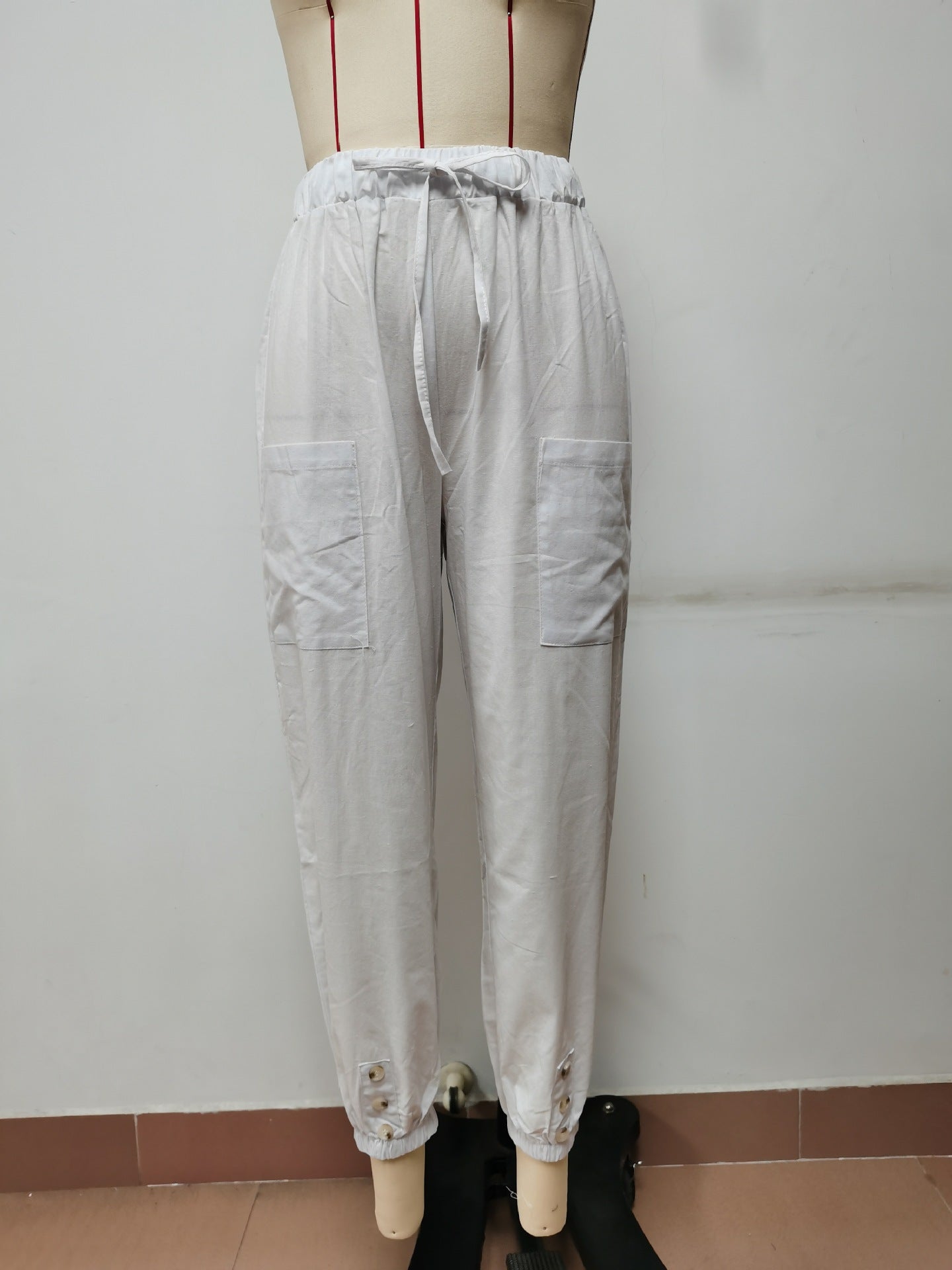 Women's Loose High Waist Button Cotton And Linen Trousers Pants