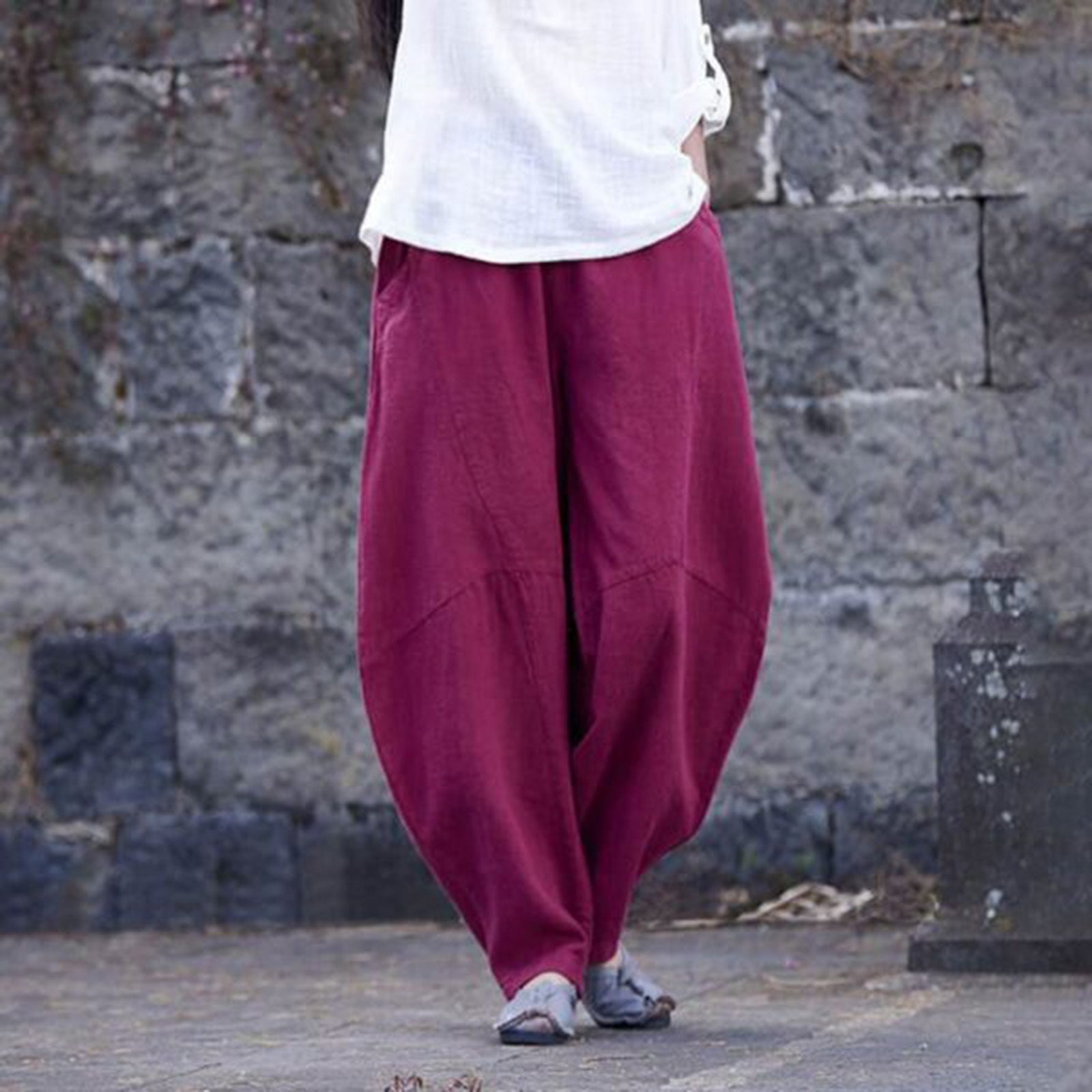 Women's Cotton And Linen Loose Casual Stitching Solid Color Pants