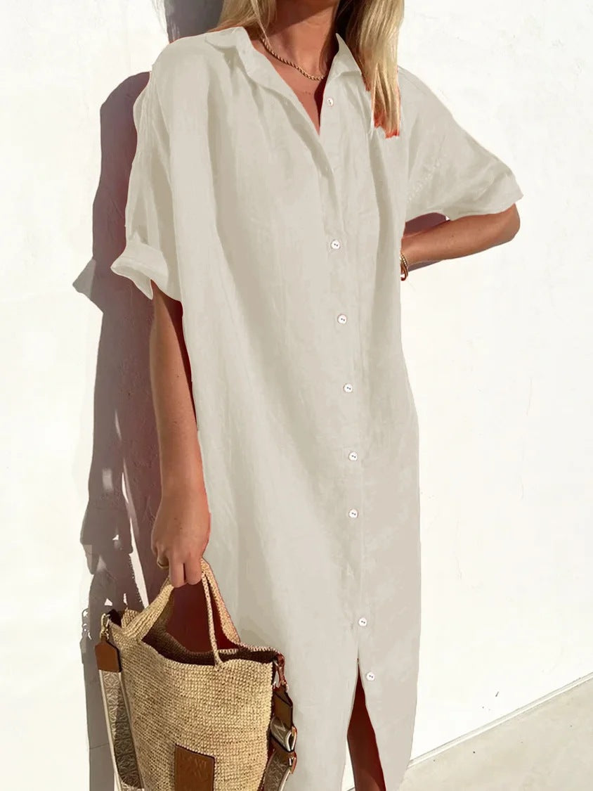 Women's Casual Loose Sleeves Button Dress Cotton And Dresses