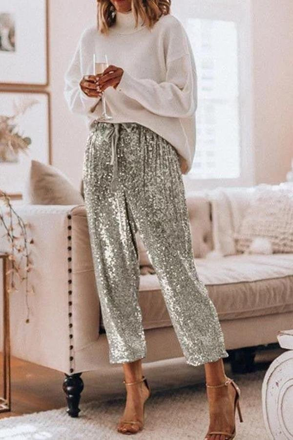 Women's Sequin Sequined High Waist Leg Ruffled Pants