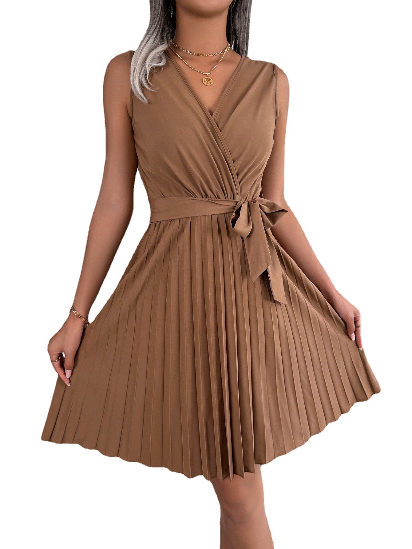 Women's Elegant Cross Sleeveless Cinched Pleated Dress Dresses