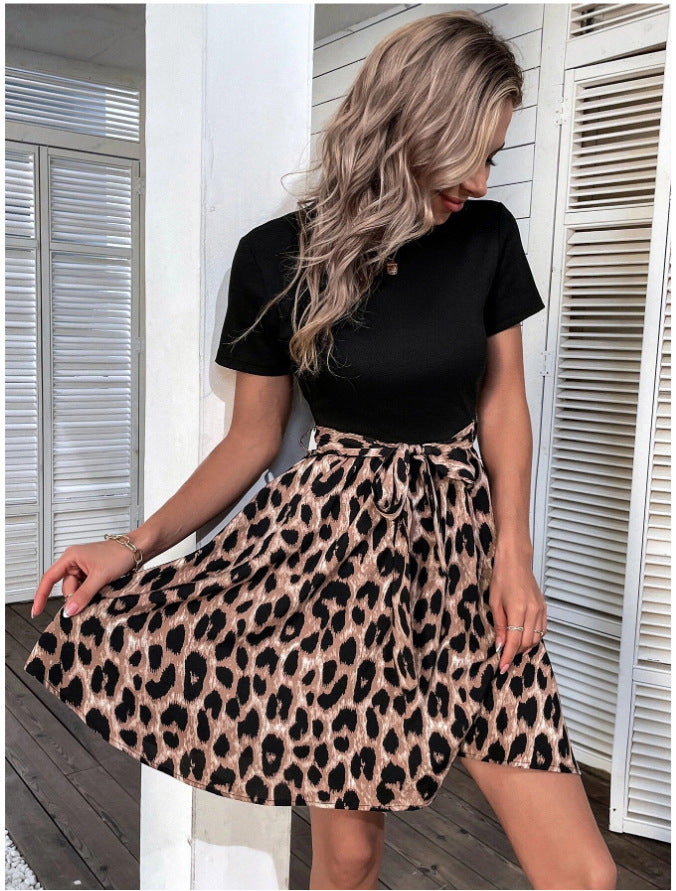 Women's Creative Printed Stitching Bow Dress Dresses