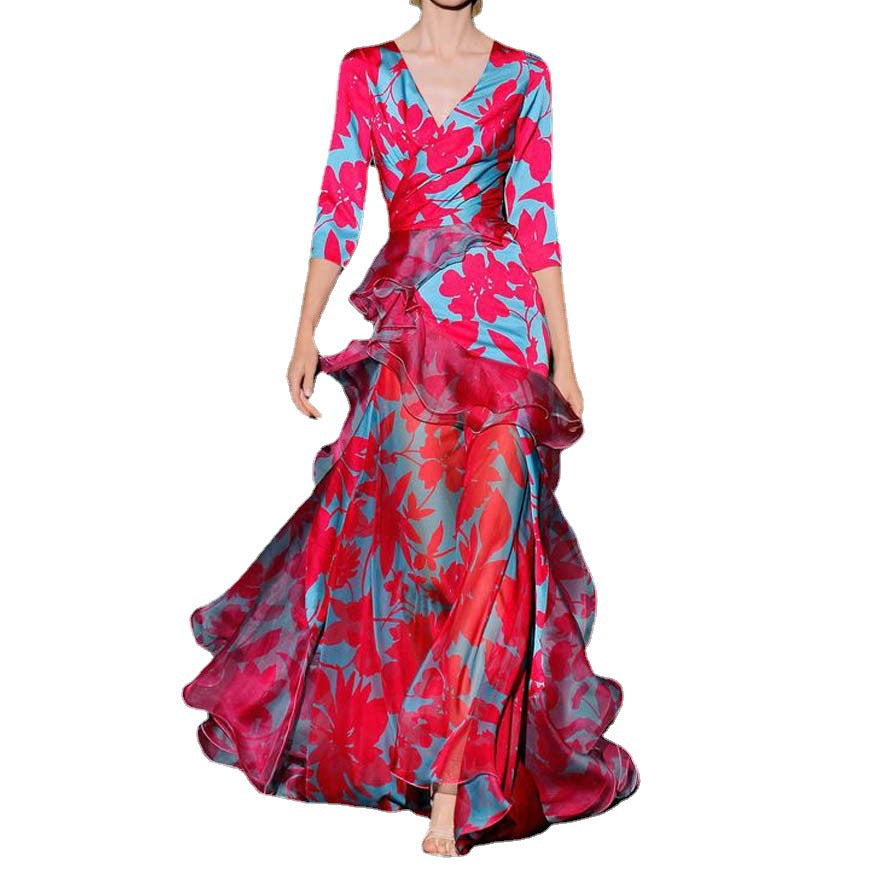 Women's Temperament Red Digital Printing V-neck Long Sleeve Dresses