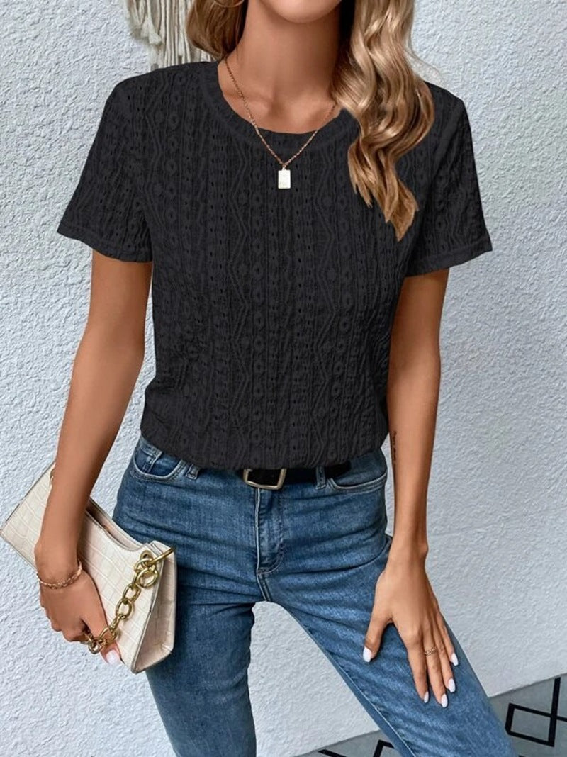 Summer Solid Color Sleeve Hollowed Leisure Blouses