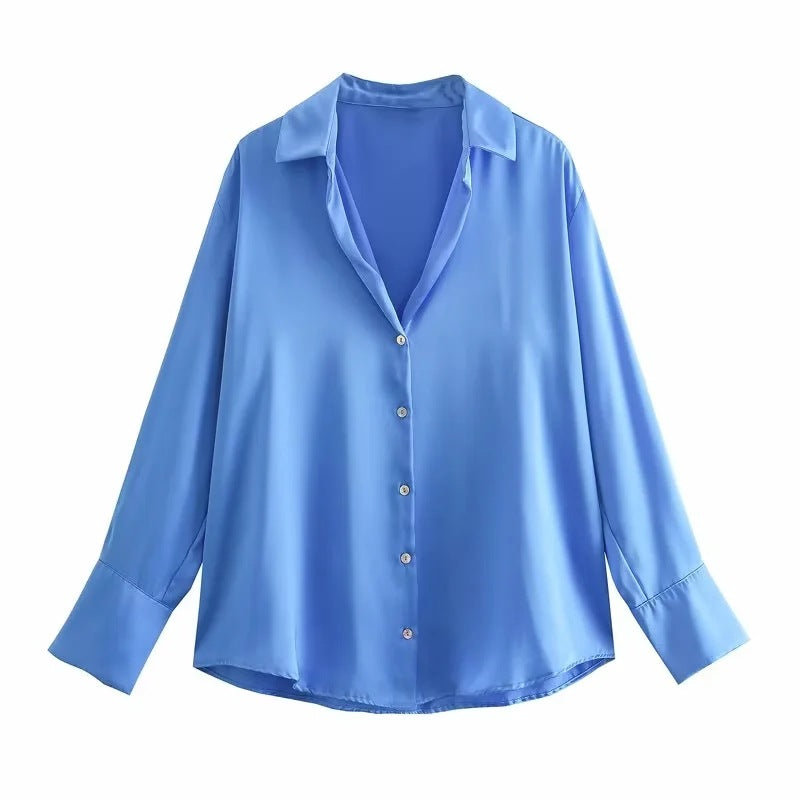 Women's Autumn Silk Satin Texture Draping Long-sleeved Blouses