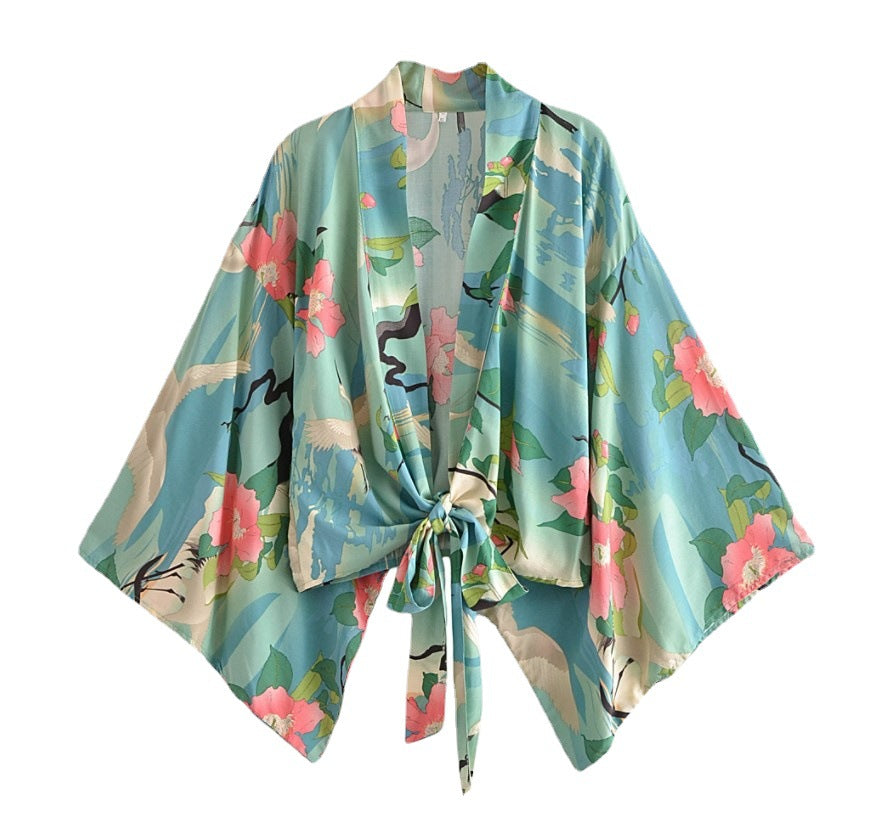 Fashion Print Collar Batwing Sleeve Bohemian Blouses