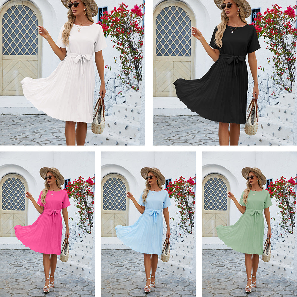 Women's Round Neck Dress Sleeve Knee-length Pleating Dresses