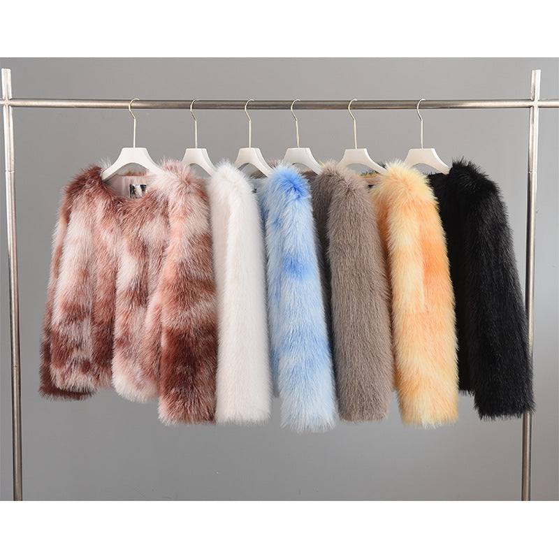 Crew Neck Imitation Fur Overcoat Light Coats