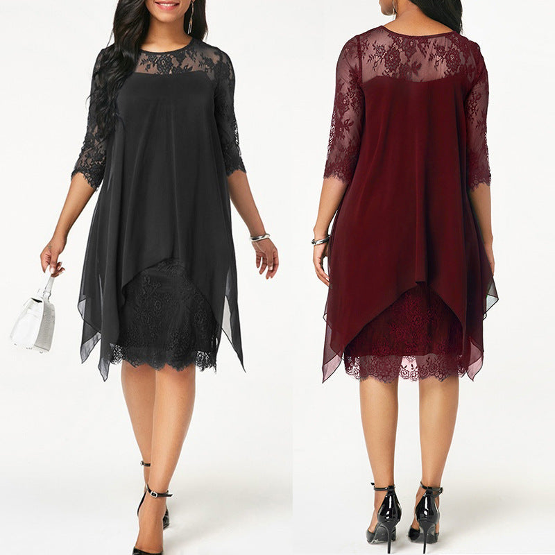 Lace Stitching Three-quarter Sleeve Mid-length Knee-length Chiffon Dresses