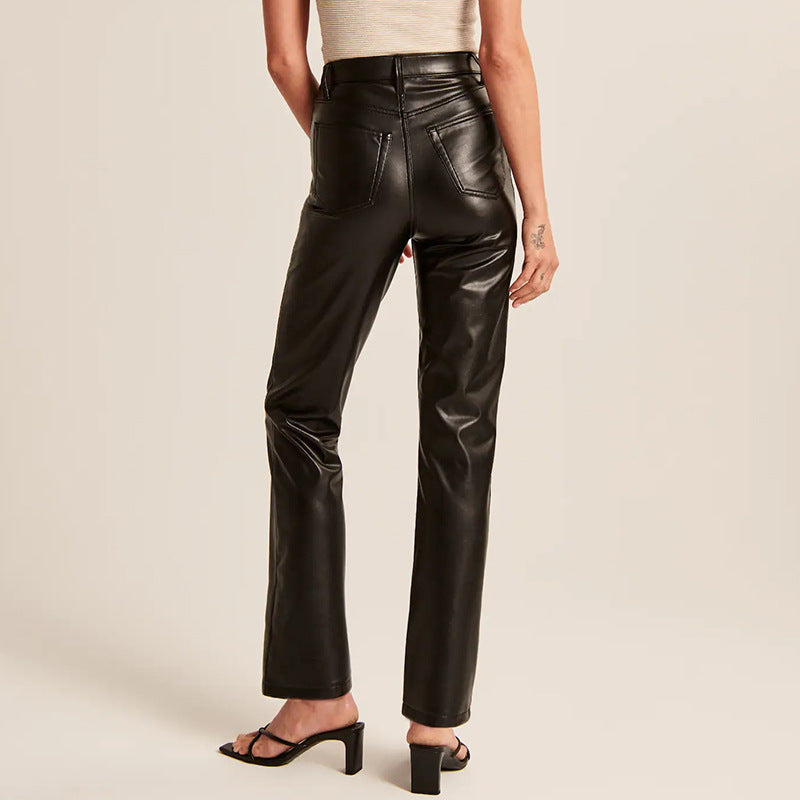 Women's Straight Leather Long Casual Low Waist Pants