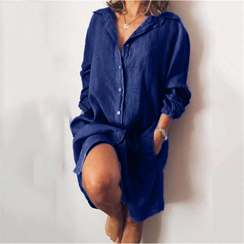 Women's Autumn Linen Mid-length Long Sleeve Solid Dresses