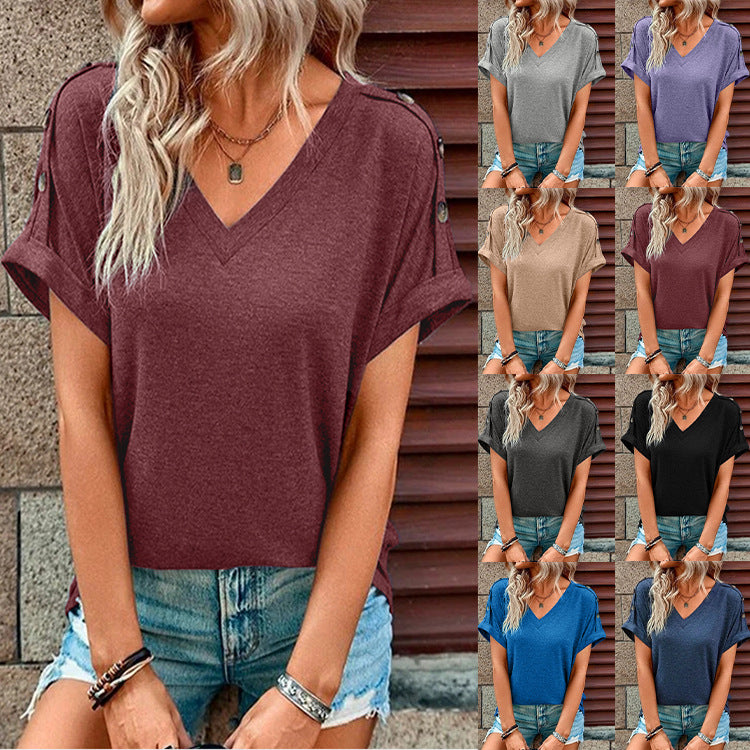 Women's Solid Color Button Fashion Sleeve T-shirt Blouses