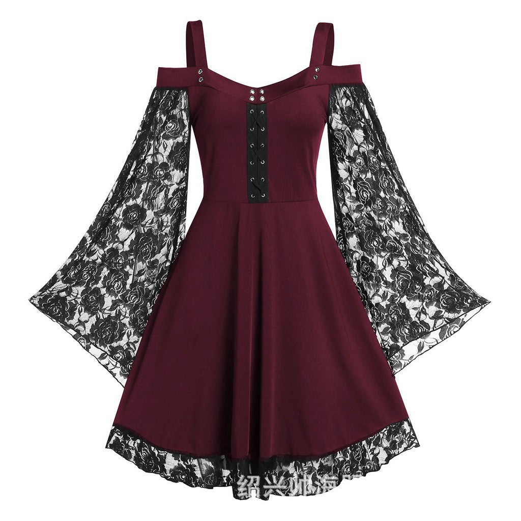 Women's Artistic Retro Lace Stitching Dress Bell Clothing