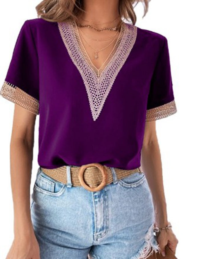 Women's V-neck Lace Casual Solid Color Shirt Blouses