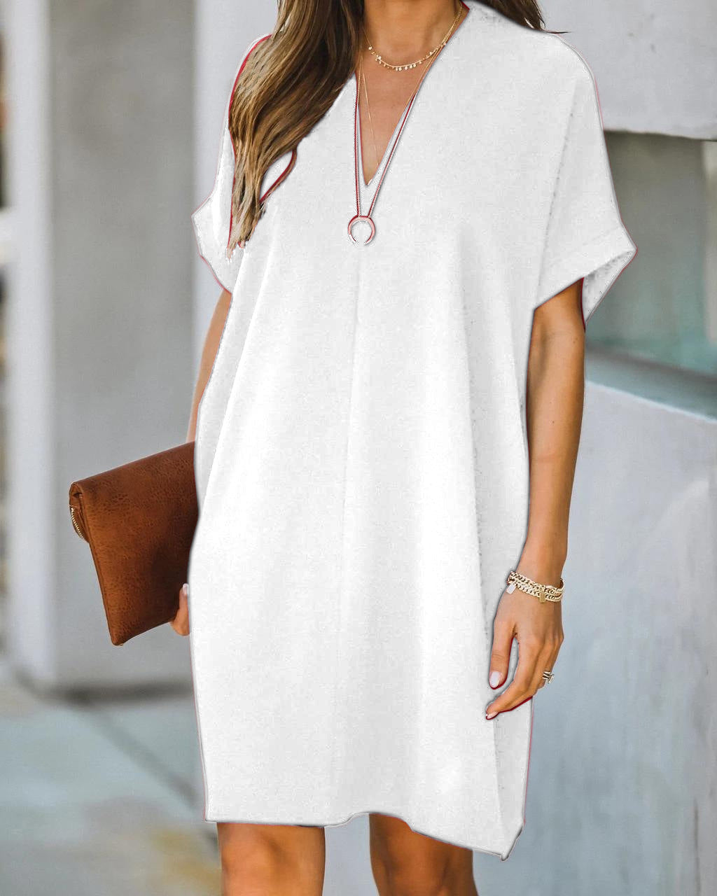 Women's V-neck Short-sleeved Solid Color Loose Dresses