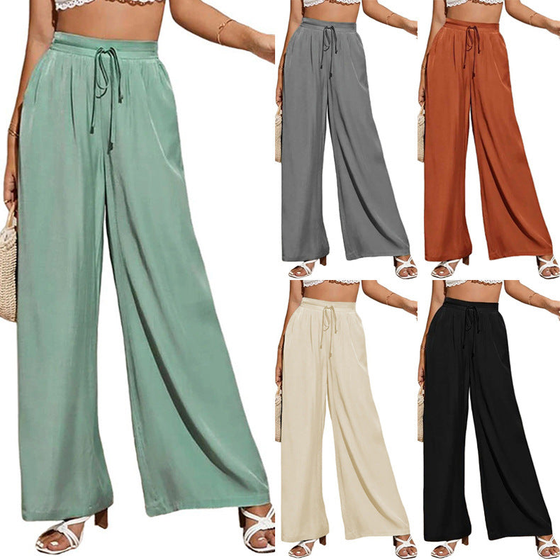 Women's Summer High Waist Casual Pure Color Elastic Lace-up Pants