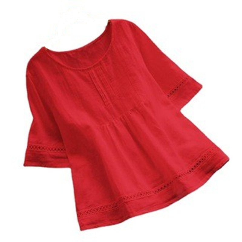 Women's Summer Solid Color Cotton Linen Half Blouses