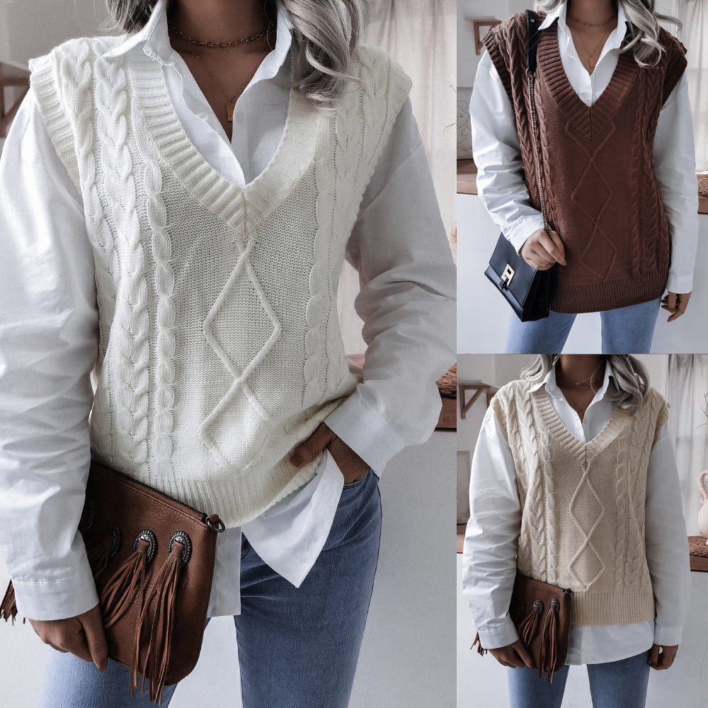 Women's V-neck Twist Casual Loose Knit Sweaters