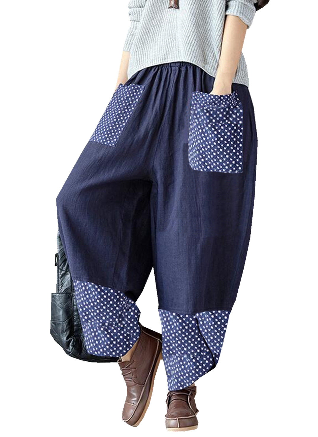 Women's Printed Patchwork Cotton Linen Wide-leg Loose Pants