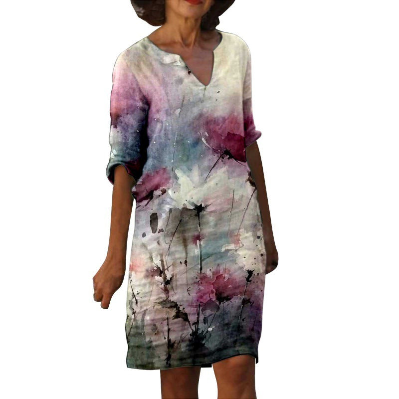 Women's Fashion Painting Printed Half Sleeve Mid-length Dresses