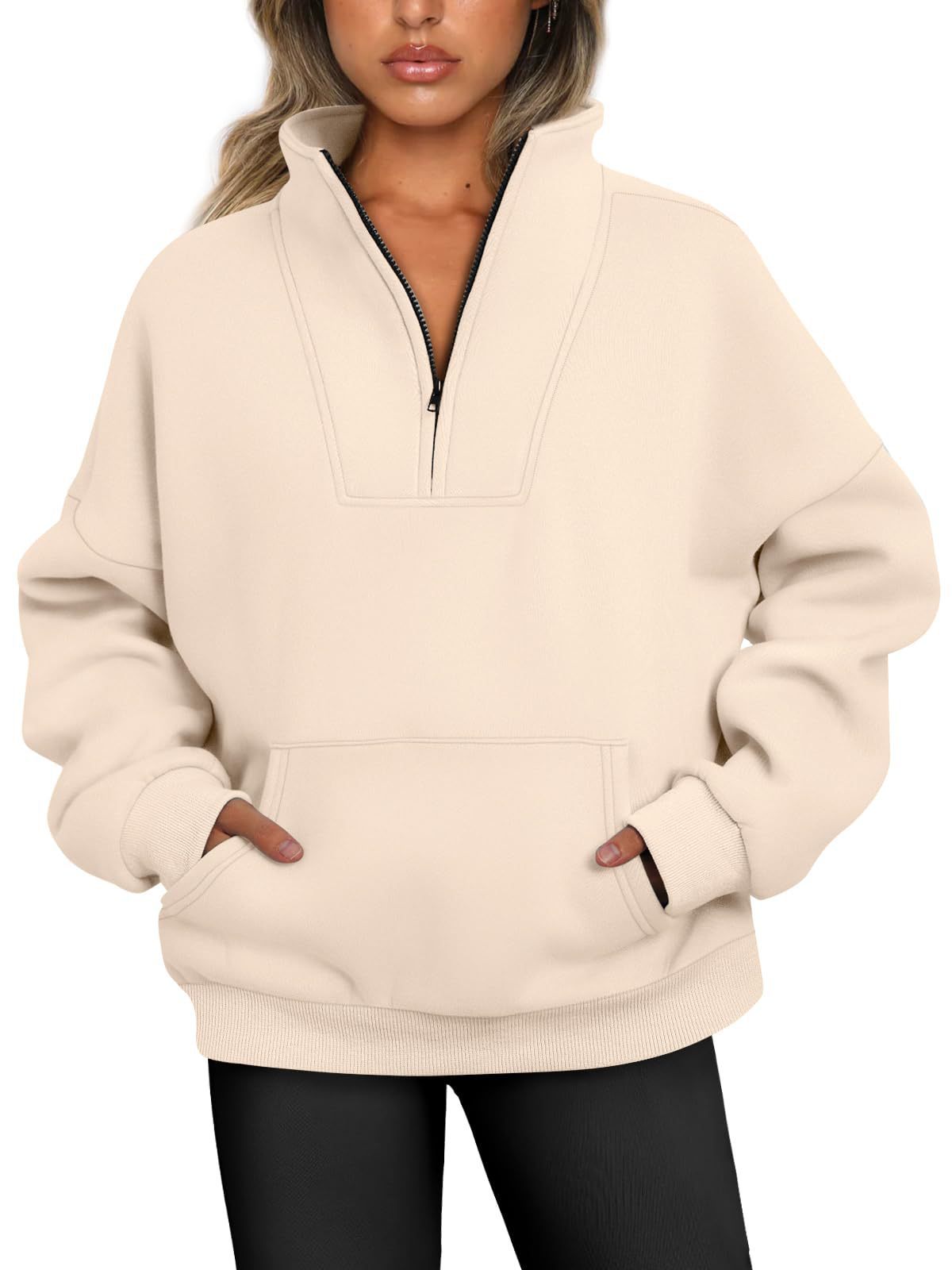 Women's Stand Collar Solid Color Hoodie Pocket Zipper Casual Sweaters