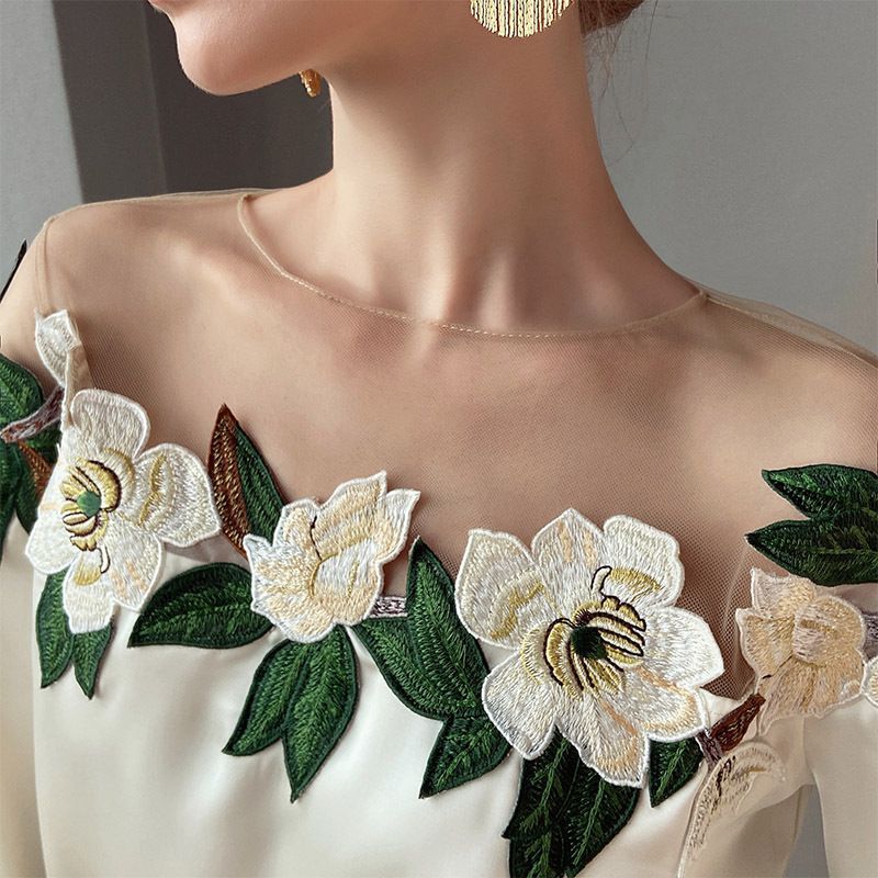 Women's Autumn Style Mesh Stitching Satin Embroidered Blouses