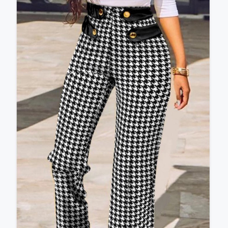 Women's Plaid Printed Straight Temperament Commute Black Pants