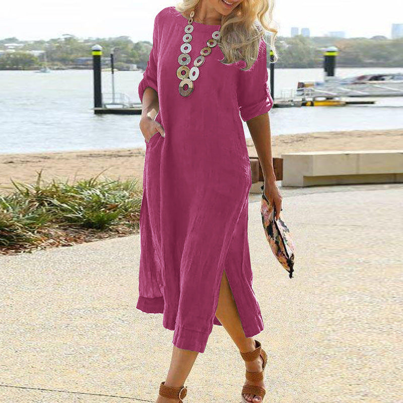 Retro Long Sleeve Slit Hemline At Dresses