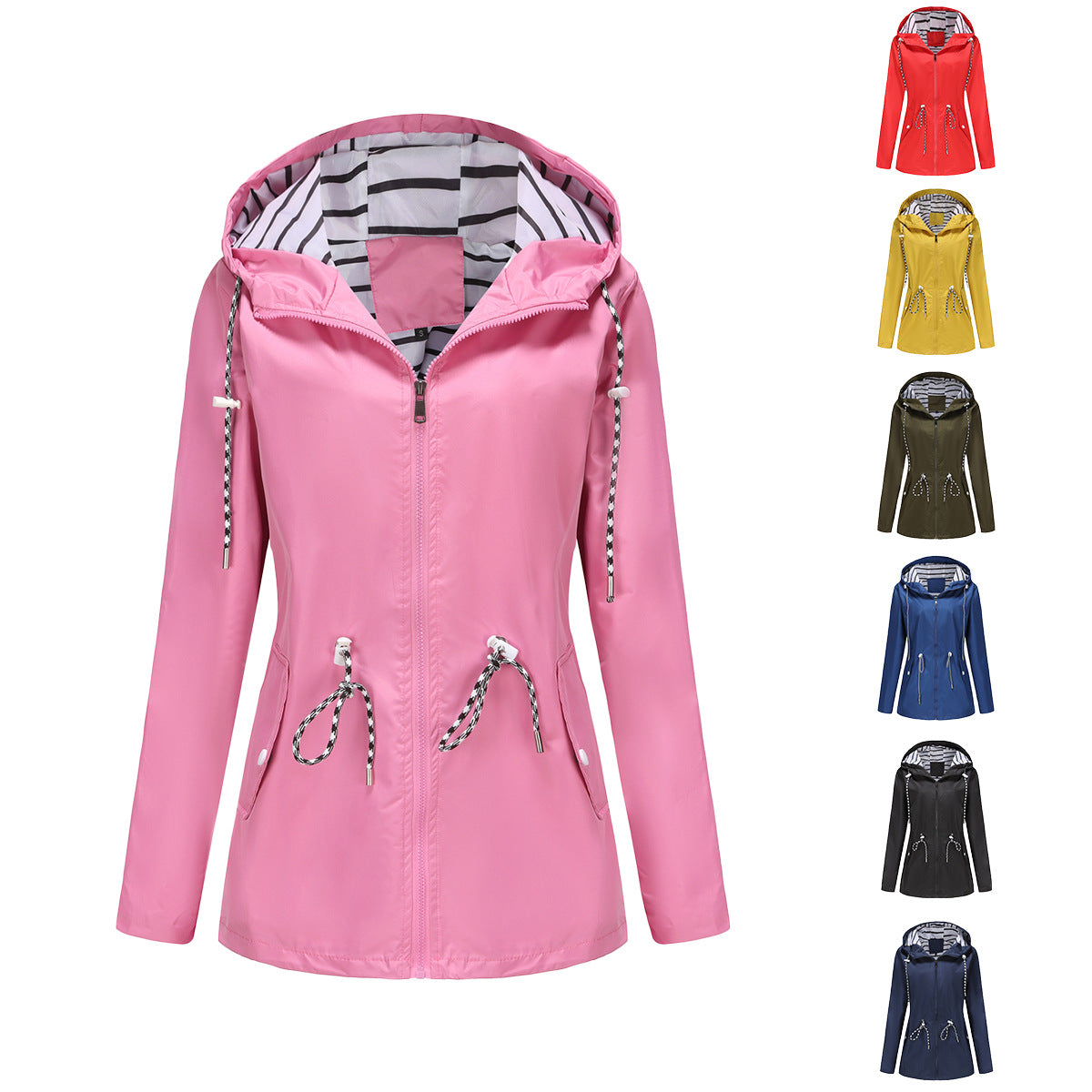 Women's Long-sleeved Waterproof Mid-length Trench Hooded Striped Coats