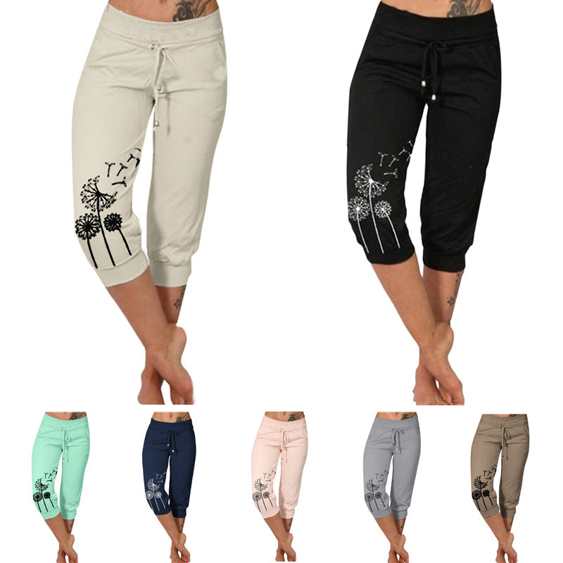 Women's Printed Waist Elastic Drawstring Design Casual Pants