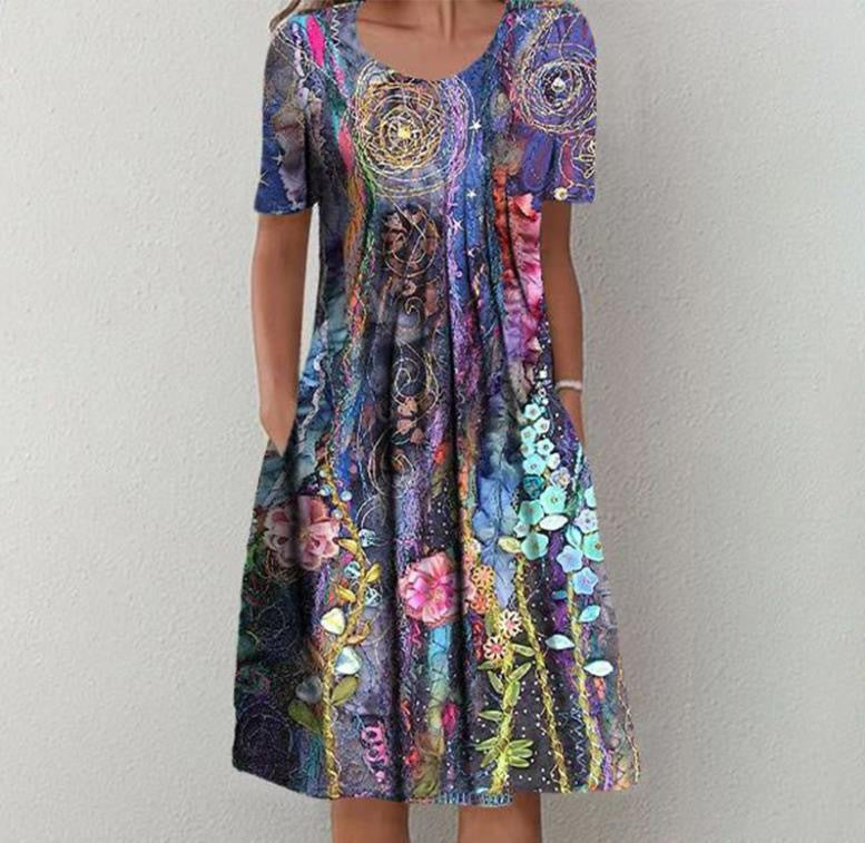 Women's Elegant Large Swing Round Neck Printed Dresses