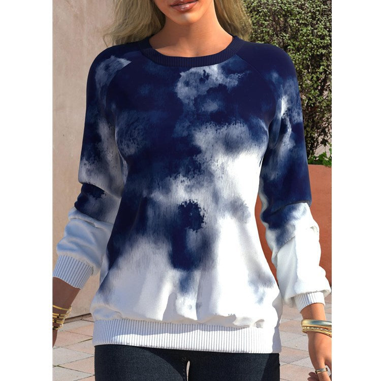 Women's Autumn Tie-dyed Printed Round Neck Raglan Long Sleeve Sweaters