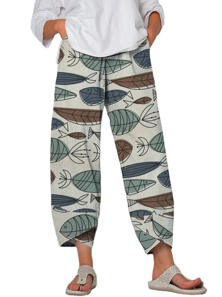 Women's High Waist Gray Printed Stitching Loose Cropped Pants