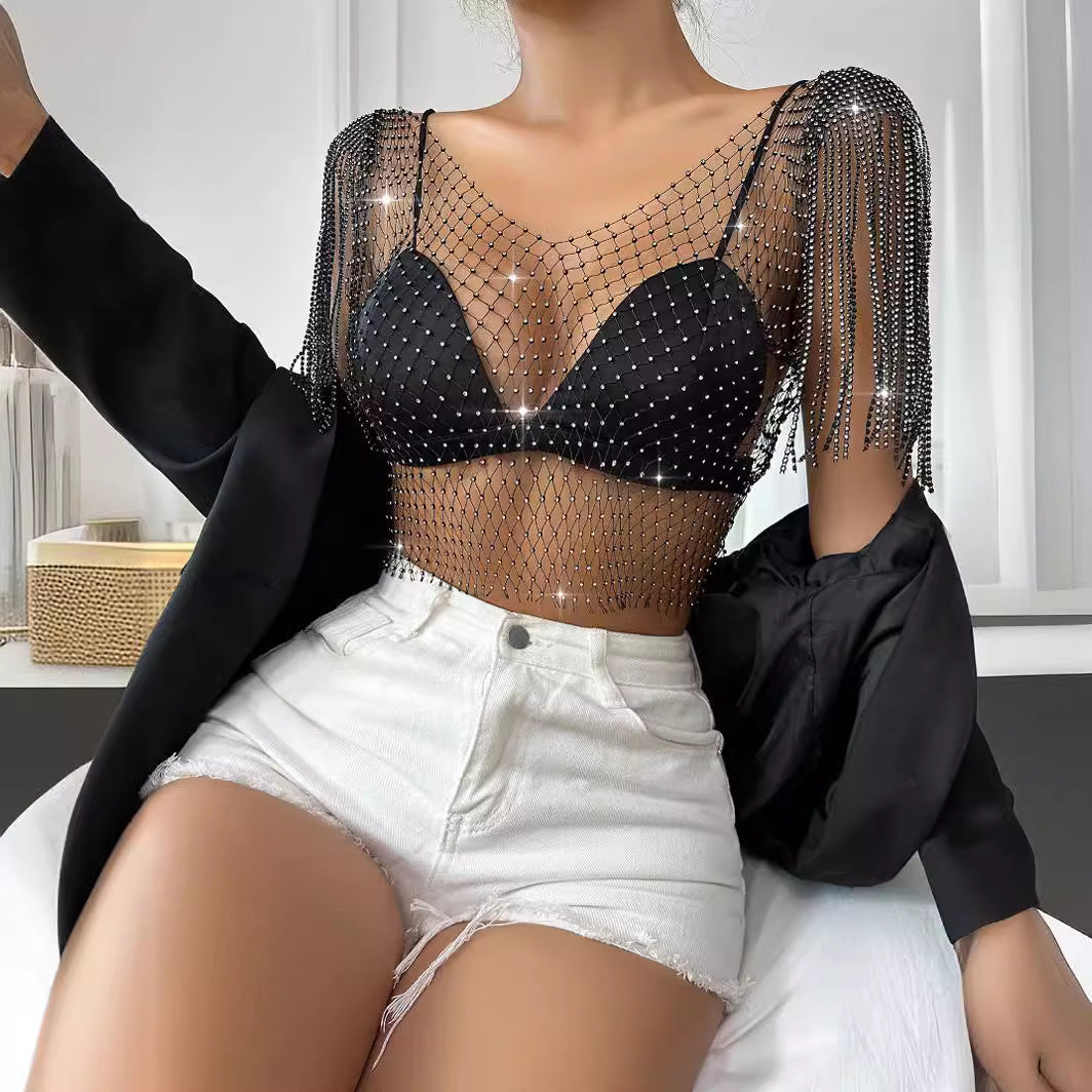 Women's Rhinestone Sexy Fishnet Summer Net Drill Blouses