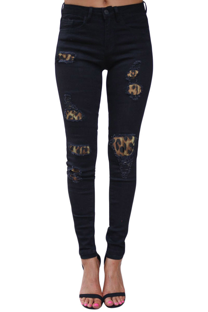 Classic Street Hipster Leopard Hole Patch Stretch Jeans