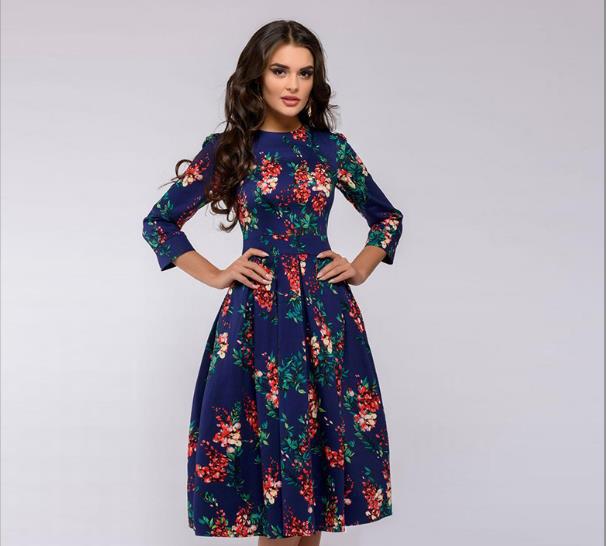 Women's Party Vintage Small Floral Urban Style 3/4 Sleeve Round Neck Dress