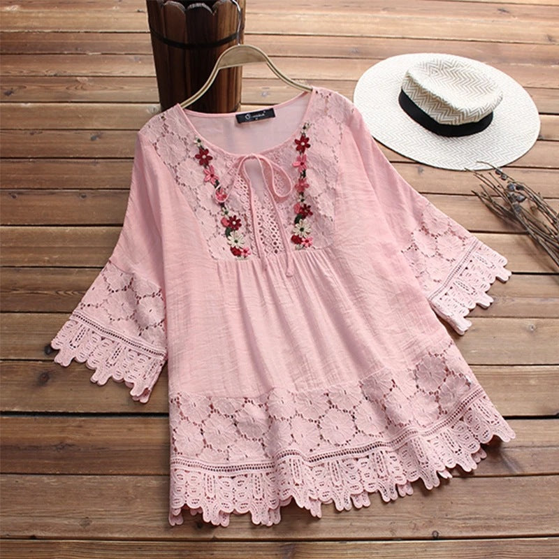 Summer Cotton Linen Stitching Lace Elegant Solid Color V-neck Loose Women's Top