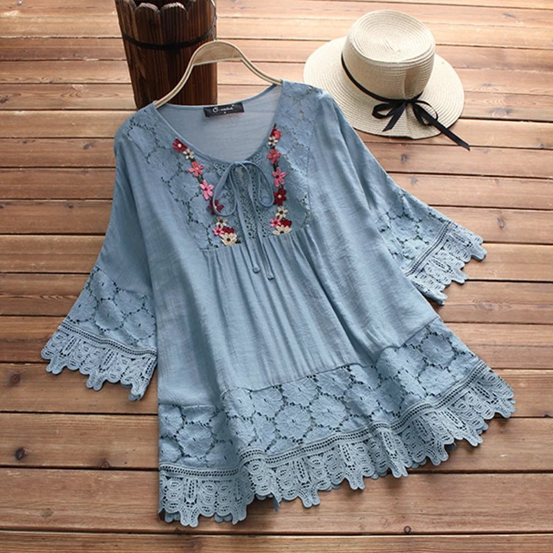 Summer Cotton Linen Stitching Lace Elegant Solid Color V-neck Loose Women's Top