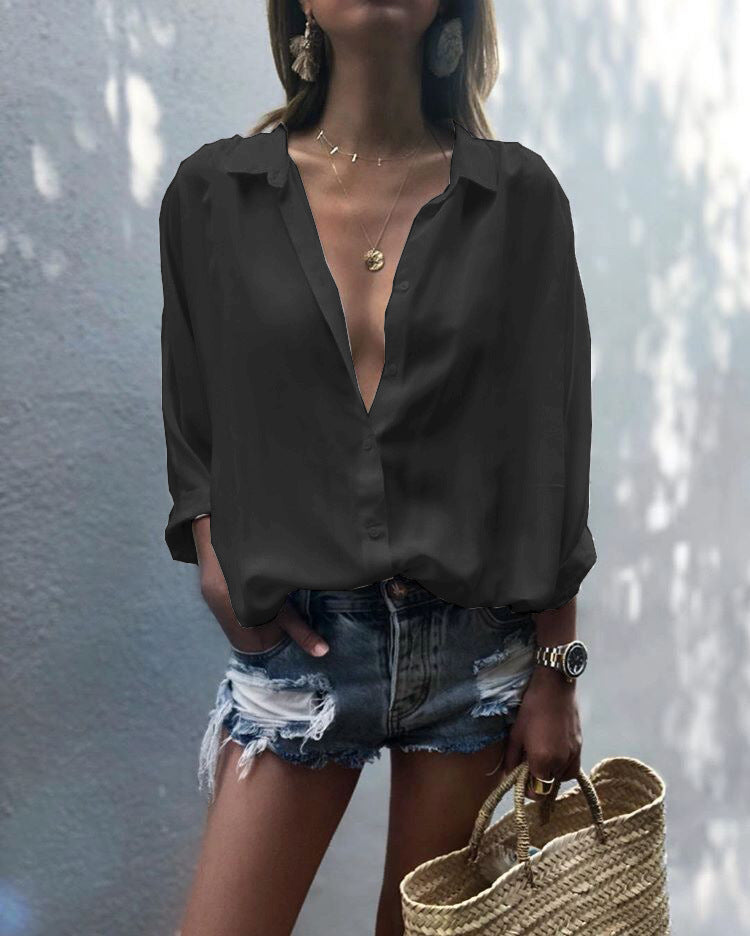Women's Solid Color Deep V-neck Buttons Chiffon Shirt
